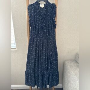 Kate Spade Navy Blue Out West Wild Rose Ruffle Wrap Dress size 14 - USED